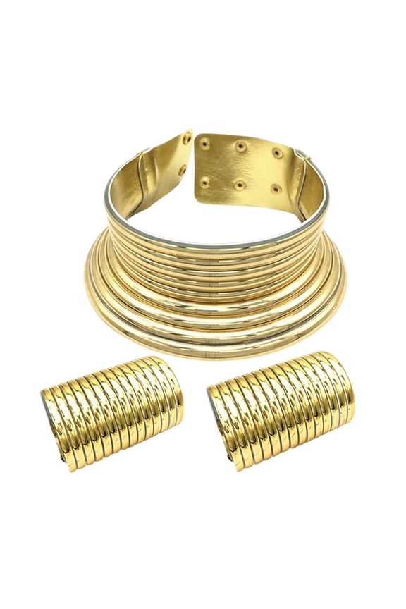 Vintage African Choker Bracelet Set, Statement Necklaces Bangle Adjustable Snap Gold