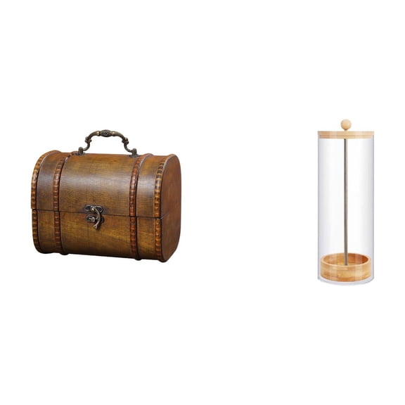 FVDPWYE Vintage Wooden Trinket Chest Organizer for Rings And Body Jewelry with Transparent Straw Holder Dispenser for Counter Makeup Brushes Bar Storage