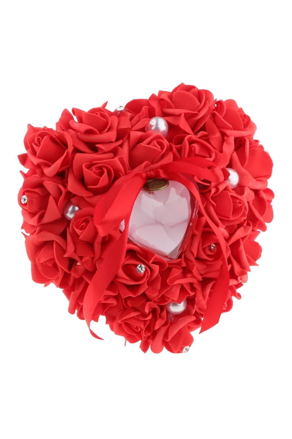 Wedding Ring Bearer Pillow, Romantic Rose Heart Ring Box Holder For Wedding Ceremony Red