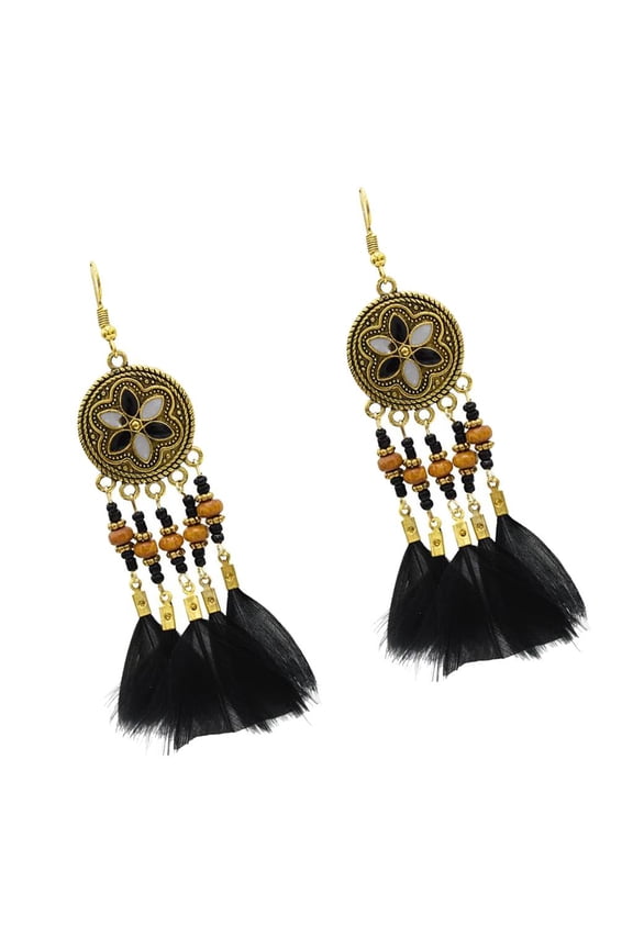 Women Boho Feather Earring Set Tassels Long Dangle Ear Drop Black