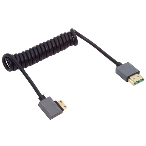 FVH 90 Degree Left Angled Mini HDMI 2.1 Male to HDMI Male 8K 60hz Stretch Coiled Cable 100cm for HDTV Computer Laptop Monitor