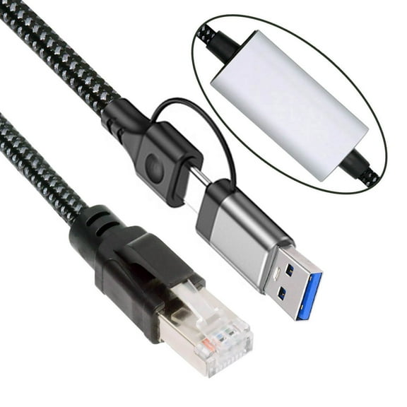 FVH Combo USB Type-A & Type-C USB-C to Ethernet Cable URJ45 Male Cord Directly Connected 1000Mbps Gigabit LAN Network