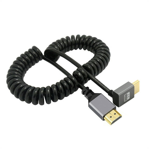 FVH HDMI 2.0 Male to HDMI Male 4K 60hz Stretch Coiled Cable Down Angled 90 Degree for HDTV Computer Laptop Monitor