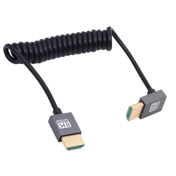 FVH HDMI 2.1 Male to HDMI Male 8K 60hz Stretch Coiled Cable Down Angled 90 Degree for HDTV Computer Laptop Monitor