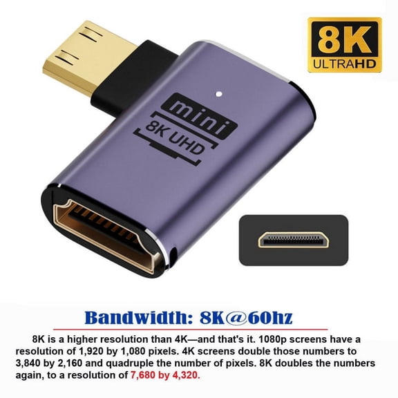 FVH Right Angled Mini HDMI Male to HDMI 2.1 Female UHD Extension Gold Converter Adapter Support 8K 60hz HDTV