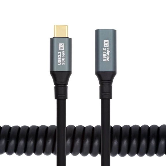 FVH Stretch Coiled USB-C USB4 Cable 20Gbps 100W 8K for Laptop Keyboard Tablet Type-C Male to Female Extension Cable Power & Data