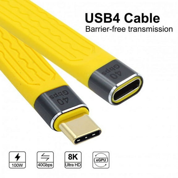 FVH Yellow USB4 Extension Cable Slim Flat Male to Female 40Gbps with 100W Charging and 8K@60Hz Compatible with Thunderbolt3/4