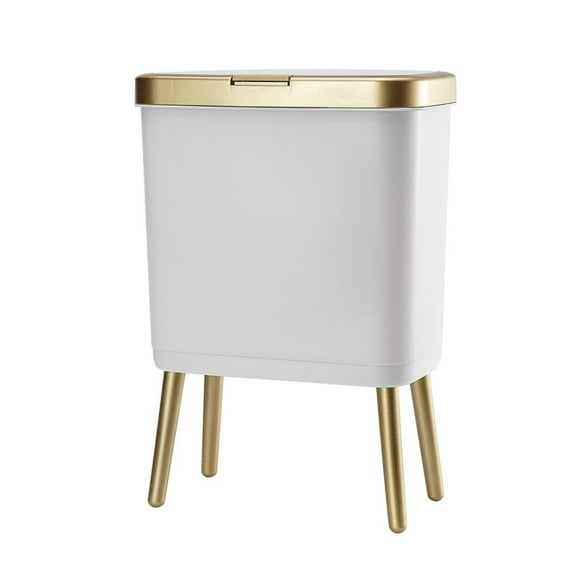 Bathroom Trash Can with Lid, Plastic Garbage Can with Legs, 4 Gallon Gold Trash Bin with Push Button, Narrow White Trash Can Waste Basket for Bedroom, Living Room,Office,Dog Proof Trash Bin