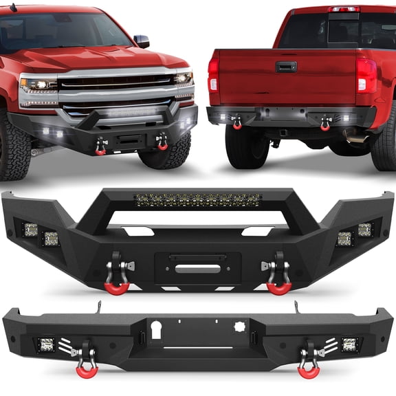 FVLEY Silverado 1500 Front Bumper and Rear Bumper Kit for 2016 2017 2018 Chevy Silverado 1500, Heavy Duty Steel Bumper Combo with Winch Plate and LED Lights