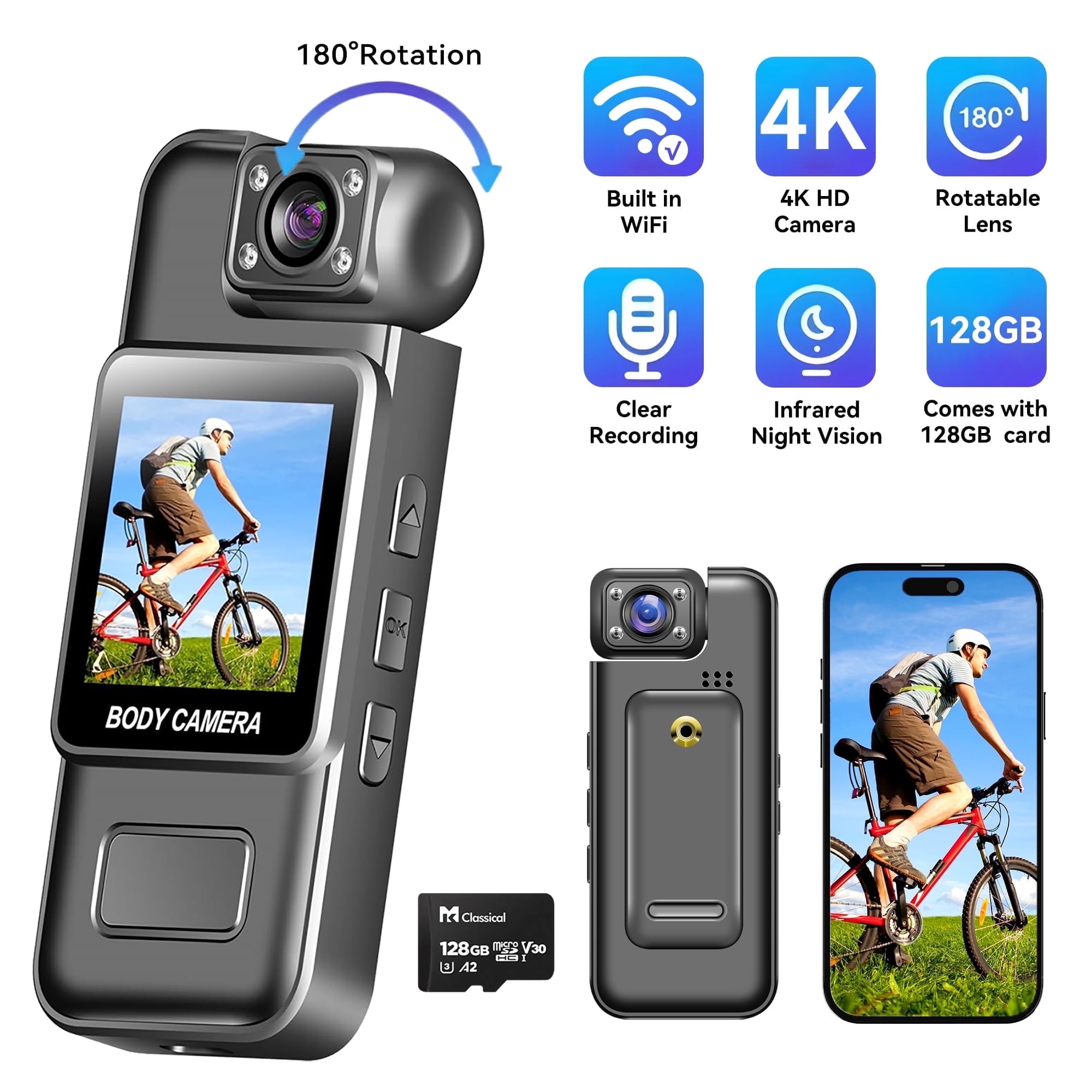 TIKBBRMG 4K Body Camera with Audio Video Recording,Night Vision,Wearable 128GB Mini Body Cam 180° Rotating Lens,6HR Battery Camcorder for Personal,Outdoor,Traveling,Sport