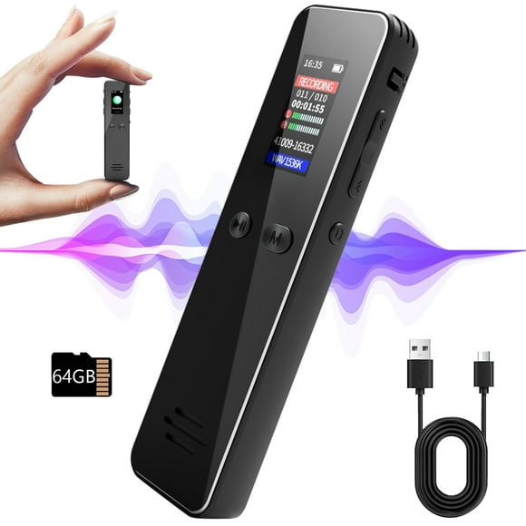 FVLOENG 64GB Digital Voice Activated Recorder Audio Recording with Playback for Lectures MP3 Player, Password,Meetings USB Rechargeable Dictaphone Small Device Tape Recorder Portable Mini