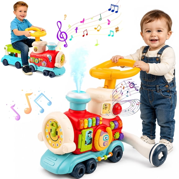 FVLOENG Baby Push Walkers Activity Table Center  4 in 1 Push Pull Sit and Ride Train Toys, Music Panel for 12 Months+ Early Educational Gift Infant Boys Girls