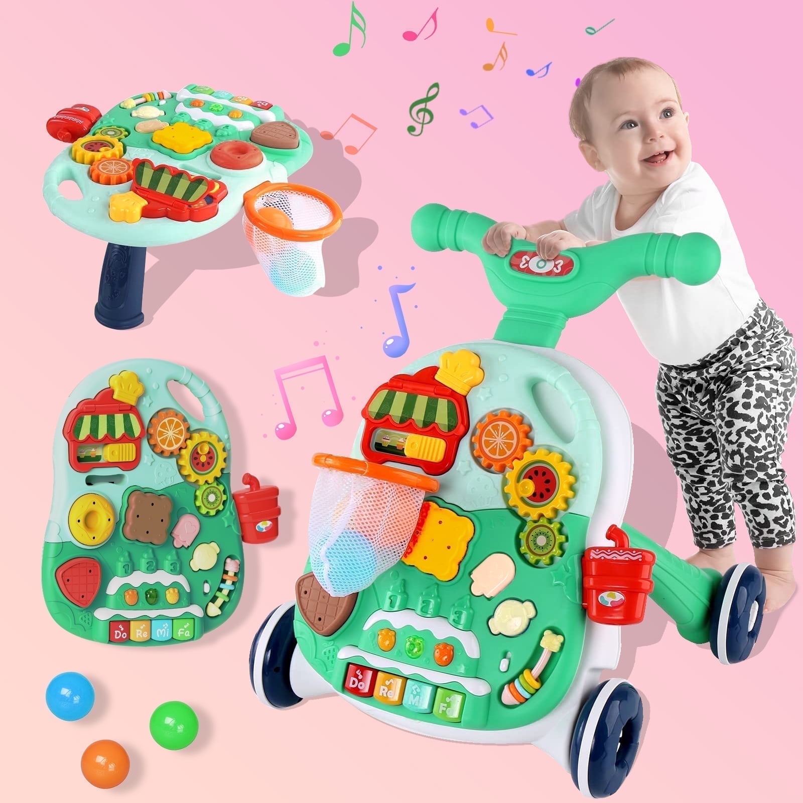 FVLOENG Baby Push Walkers Activity Table Center 3 in 1 Music Learning Walker Sit-to-Stand Toys ,Multifunctional Removable Play Panel,for 6-12 Months Early Educational Gift Infant Boys Girls