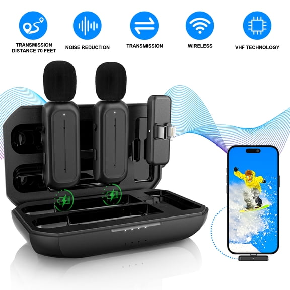 TIKBBRMG Microphone for iPhone iPad Android Professional Wireless Lavalier Lapel Mini Microphone, Charging Case with Adapter Included Noise Reduction Plug,Podcast Microphone for Interview Video Vlog