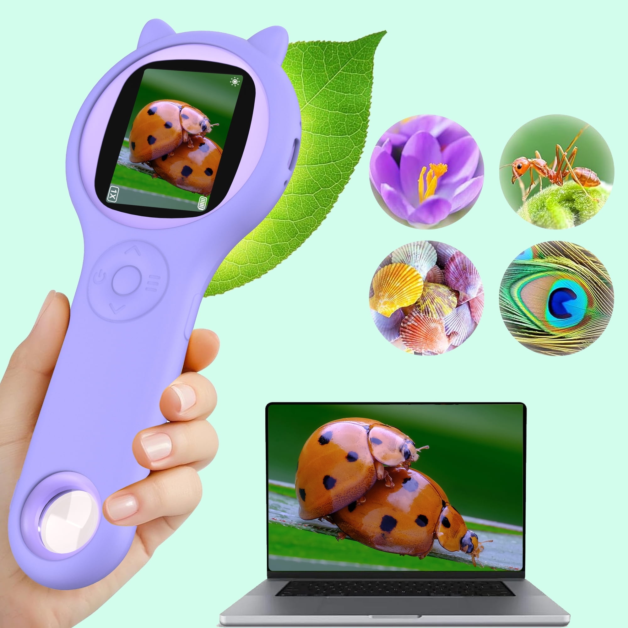 FVLOENG Microscope for Kids,Mini Digital Microscope,Educational Science Kit Toys Portable Handheld Magnifying Glass,500x Magnification,4X Zoom for 3-5 5-7 8-12 Year Old Boys Girls Birthday Gifts
