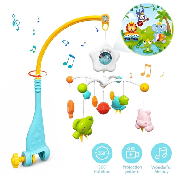 FVLOENG Crib Mobile with Music and Projection Light, Rotating Plastic Baby Crib Mobile Toy with 4 Hanging Animal Figures, Snap-On Infant Nursery Mobile for Crib Boys Girls