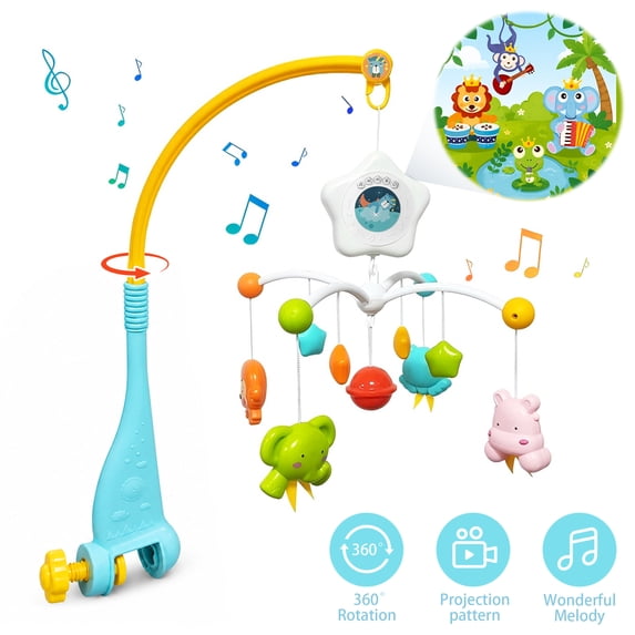 FVLOENG Crib Mobile with Music and Projection Light, Rotating Plastic Baby Crib Mobile Toy with 4 Hanging Animal Figures, Snap-On Infant Nursery Mobile for Crib Boys Girls