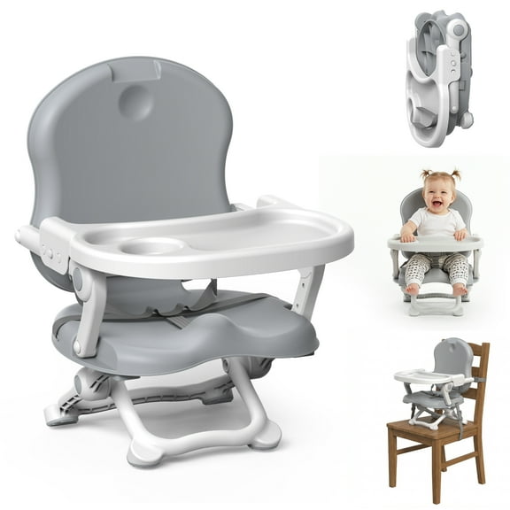 FVLOENG Portable Baby Booster Seat for Babies & Toddlers, Adjustable Foldable Feeding Seat with Tray, Travel Dining Chair Booster & Floor Seat for Home, Camping, or Travel (Gray, 1 Year & up)