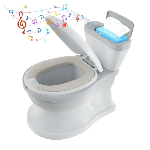 FVLOENG Toddler Potty Training Seat Toilet Flushing and Cheering Sound , Wipes Storage, with Soft Cushion Removable Bowl Easy to Clean for Boys & Girls Ages 18 Months White