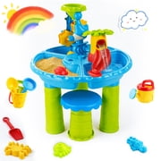 FVLOENG Sand and Water Table for Toddlers 1-3 with Stool, Kids Sensory Activity Table for Water, Sand & Snow Play, Outdoor Backyard Beach Toy, Blue