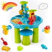 FVLOENG Sand and Water Table for Toddlers 1-3 with Stool, Kids Sensory Activity Table for Water, Sand & Snow Play, Outdoor Backyard Beach Toy, Blue