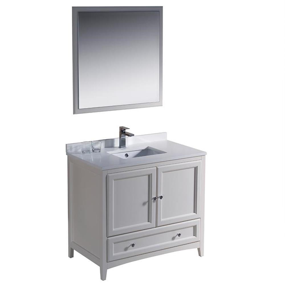 Oxford 36" Antique White Quartz Stone Single Sink Vanity Set with Mirror