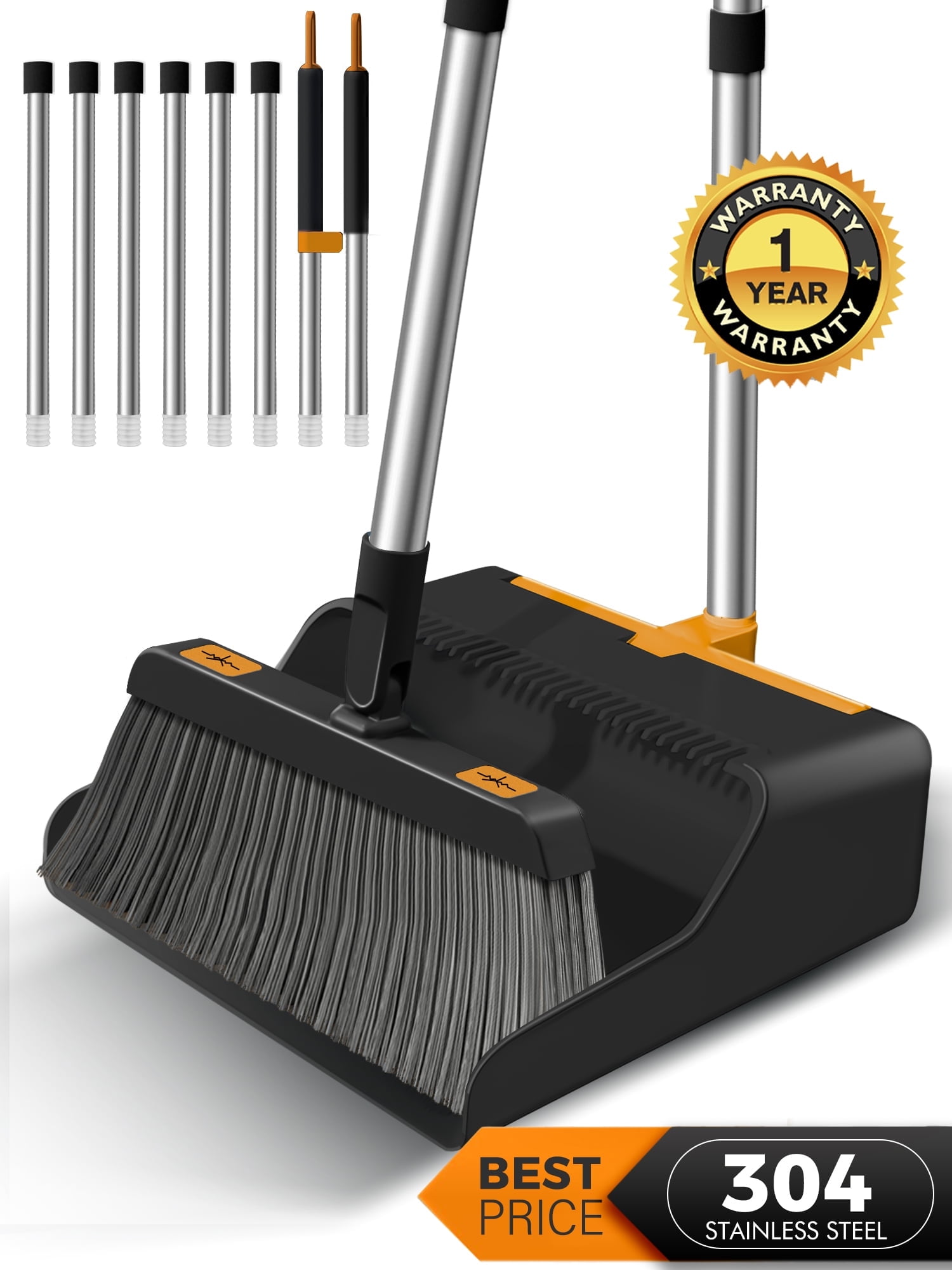 FVSA Broom and Dustpan/Dust pan with 50.4" Long Handle Extension Pole Set for Home (Black+Orange) - Walmart.com