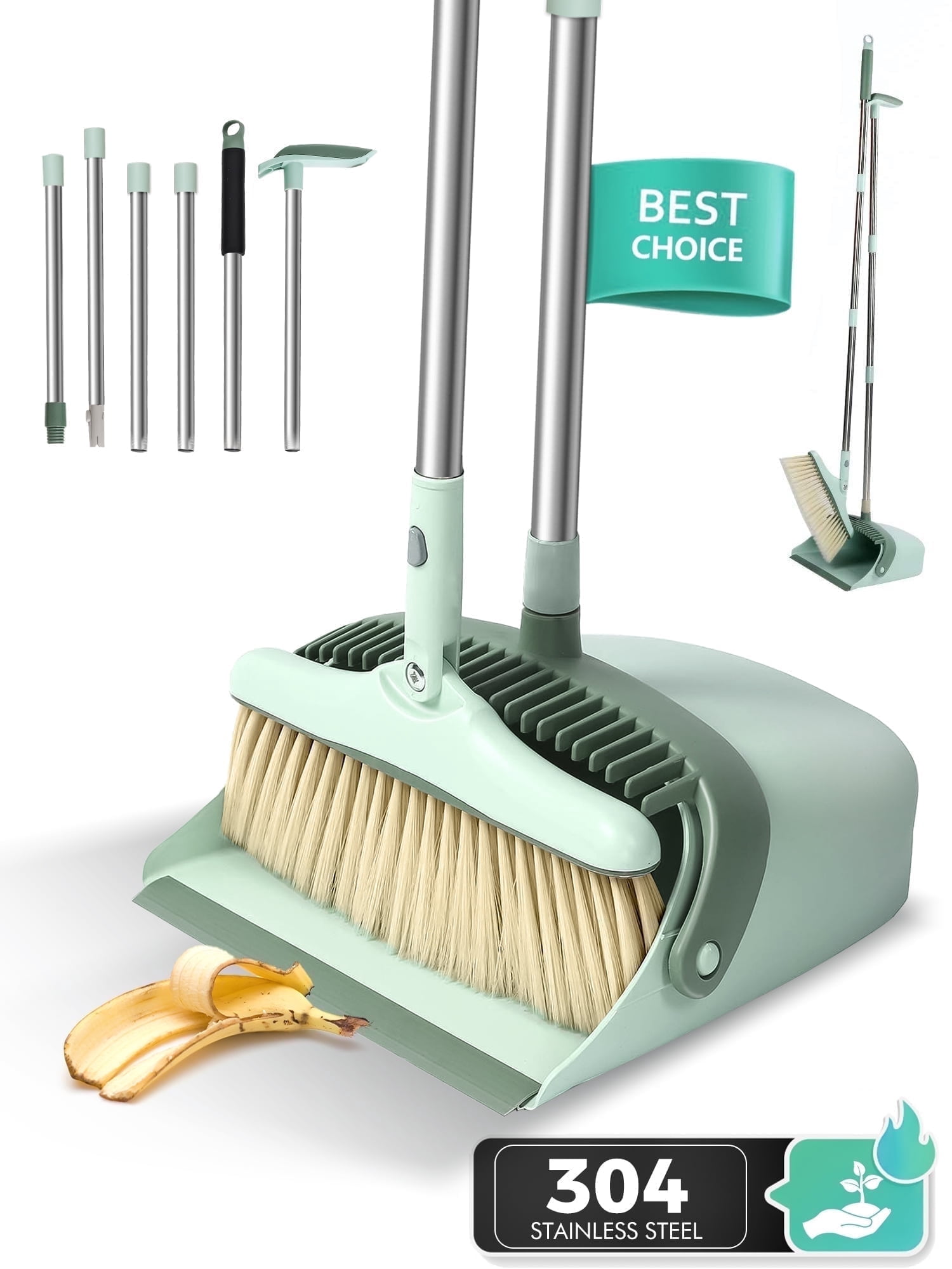FVSA Broom and Dustpan Set, Indoor or Outdoor Broom and Dust Pan Combo, 53.15" Dust Pan for Adults(Cyan)