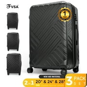 FVSA Luggage 3 Piece Set Black Suitcase Spinner Wheels Hardshell Light weight TSA Lock - 20/24/28 in