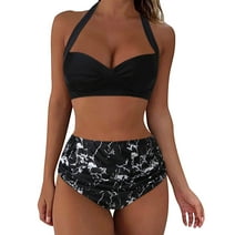 FVWITLYH High Waisted Bikini Swimsuits for Women Two Piece Retro Halter Ruched High Waist Print Bikini Swimsuits Bikini Sets Black,L