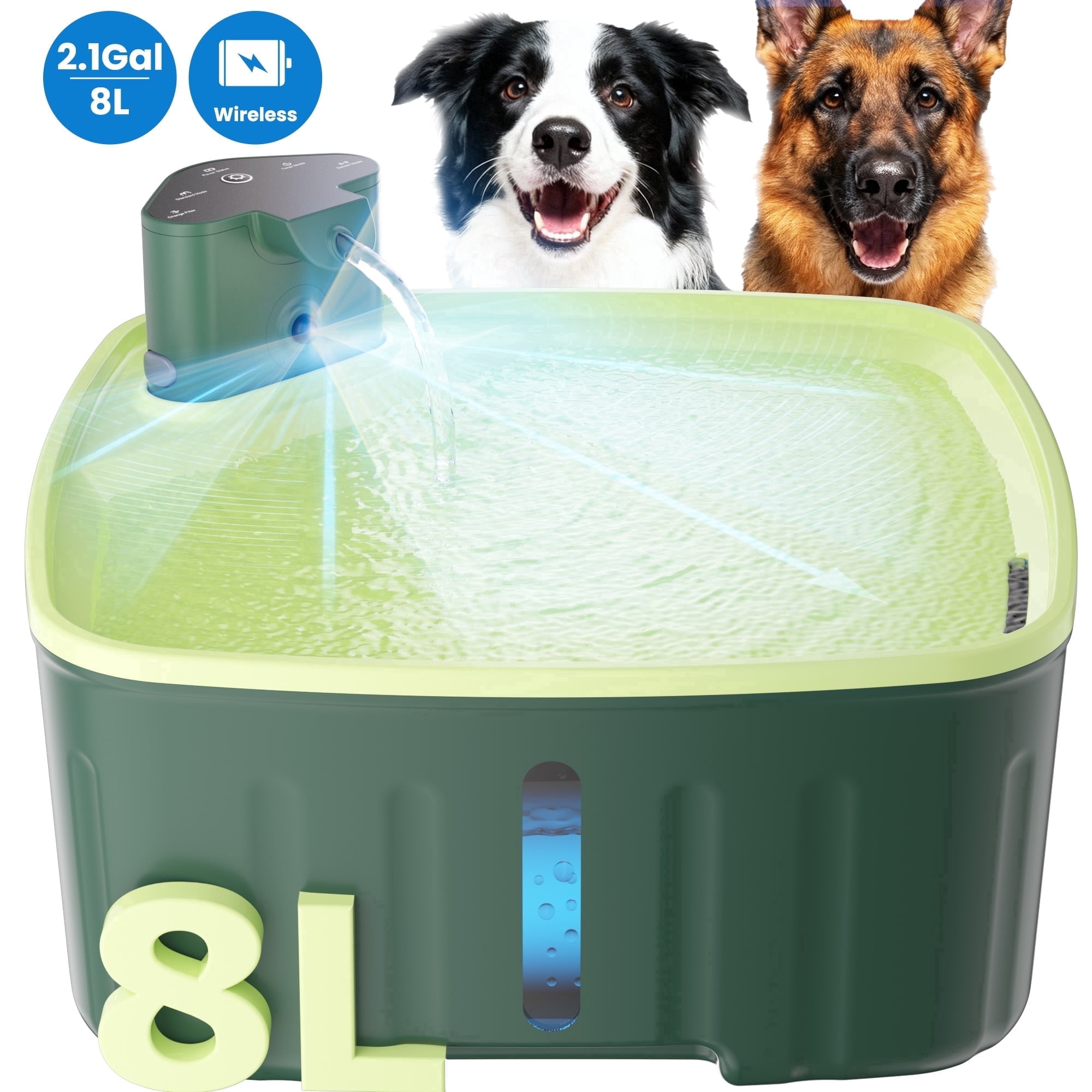 FURCLAN Large Dog Water Fountain 8L/2.1Gal Capacity, Wireless Automatic Pet Water Dispenser with Motion Sensor, Quiet Circulating Waterer for Multi-Pet Home, Green