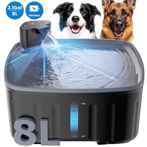 FURCLAN Pet Water Fountain Wireless Dog Water Fountain Dispenser with 4 Flow Modes and Replacement Filter 2.2Gal 8L Extra Large Capacity Cat Water Fountain for Cats and Dogs Black