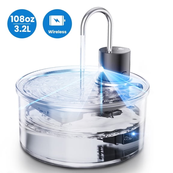 FWMB 108oz/3.2L Cordless Glass Cat Water Fountain, Ultra-Quiet Battery Operated Pet Water Dispenser with Motion Sensor, Smart Elegant Easy to Clean Glass Pet Water Fountain for Cats Dog