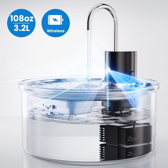 FURCLAN 108oz/3.2L Glass Cat Water Fountain Cordless, Ultra-Quiet Battery Operated Pet Water Dispenser with Motion Sensor, Smart Elegant Easy to Clean Glass Pet Water Fountain for Cats Dog