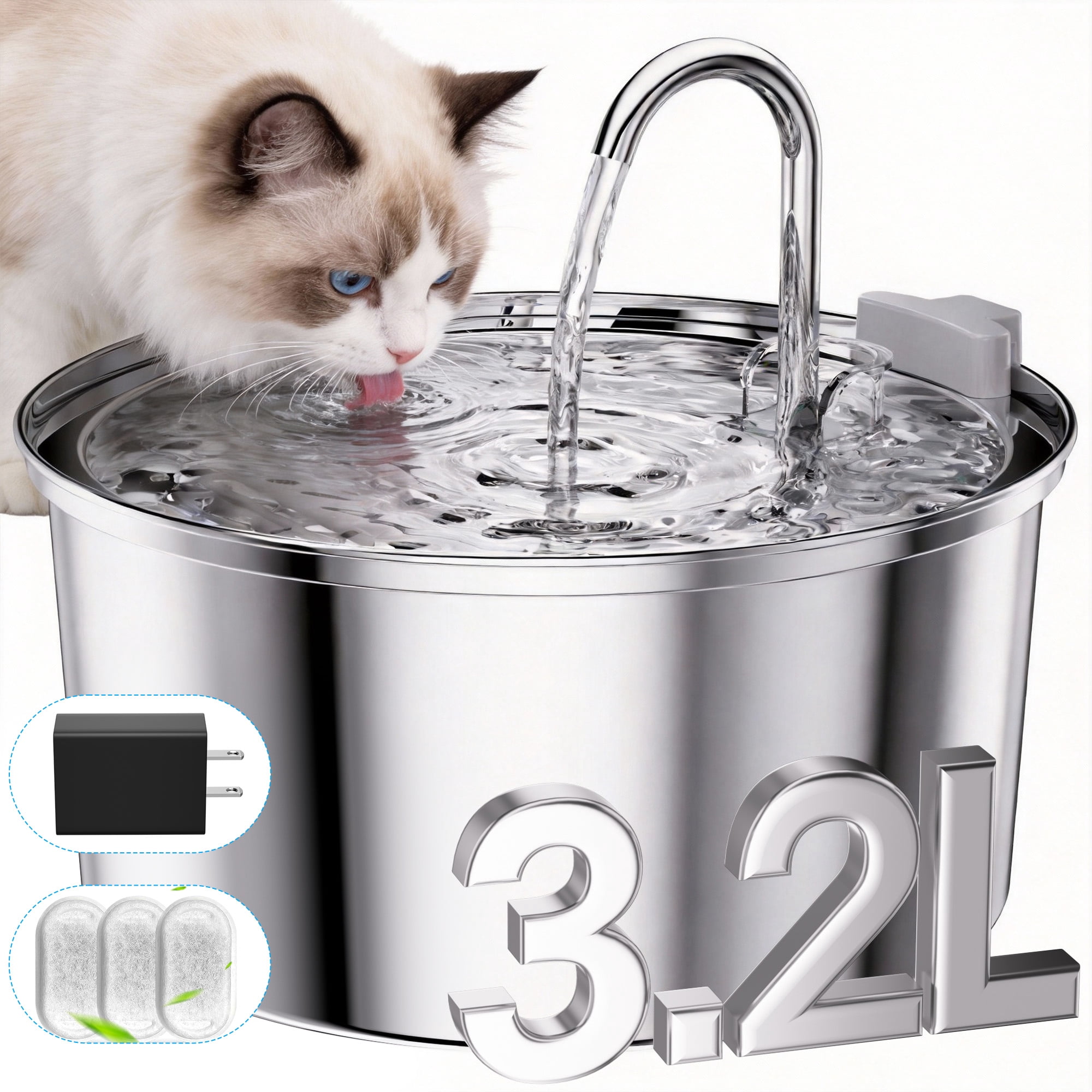 FWMB 108oz/3.2L Stainless Steel Cat Water Fountain with 3 Filters, Dishwasher Safe Automatic Pet Fountain for Dogs & Cats, Ultra-Quiet Pet Water Fountain for Multi-Pet Homes, Cat Fountains Indoor