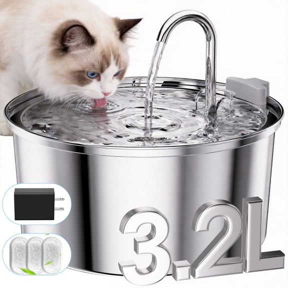 FWMB 108oz/3.2L Stainless Steel Cat Water Fountain with 3 Filters, Dishwasher Safe Automatic Pet Fountain for Dogs & Cats, Ultra-Quiet Pet Water Fountain for Multi-Pet Homes, Cat Fountains Indoor