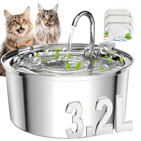 FWMB 3.2L/108oz Cat Water Fountain Premium Stainless Steel with 3 Filters, Automatic Pet Fountain Dispenser for Cats Dogs, with Ultra-Quiet Pump