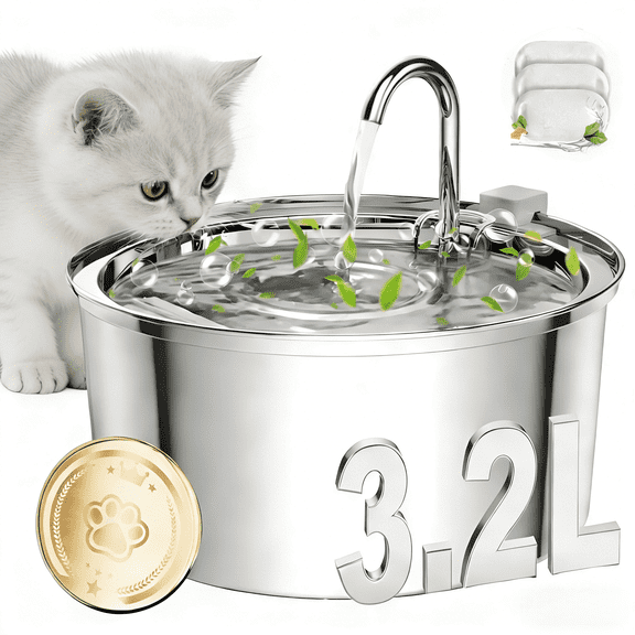 FWMB Cat Water Fountain, 108oz/3.2L Premium Stainless Steel Cat Fountain with 3 Filters, Automatic Pet Fountain Dispenser for Cats Dogs, Electric Drinking Fountain with Ultra-Quiet Pump