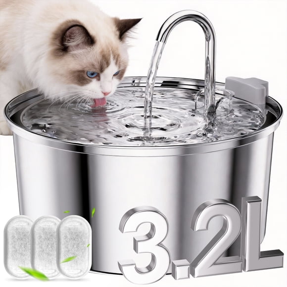 FWMB 108oz/3.2L Stainless Steel Cat Water Fountain with 3 Filters, Dishwasher Safe Automatic Pet Fountain for Dogs & Cats, Ultra-Quiet Pet Water Fountain for Multi-Pet Homes, Cat Fountains Indoor