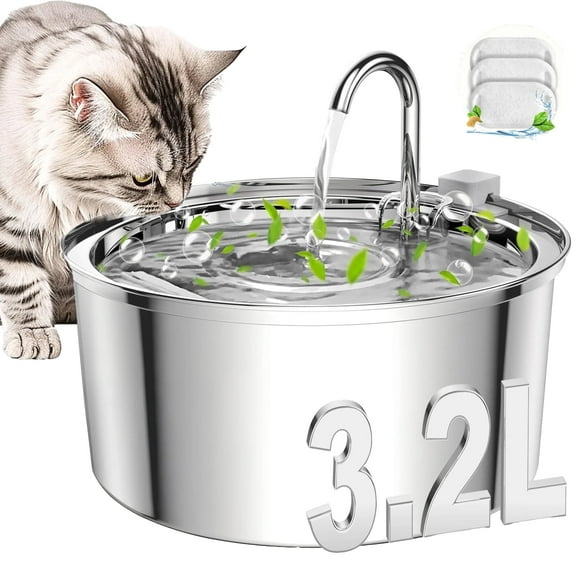 FWMB 3.2L/108oz Cat Water Fountain Premium Stainless Steel with 3 Filters, Automatic Pet Fountain Dispenser for Cats Dogs, with Ultra-Quiet Pump