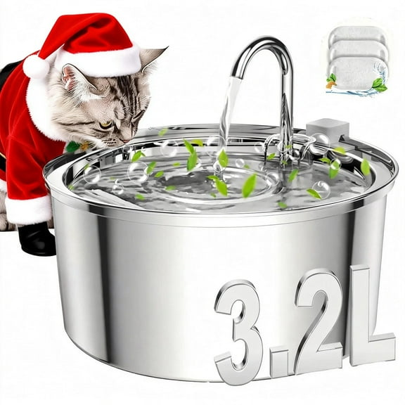FWMB Cat Water Fountain, 108oz/3.2L Stainless Steel Cat Water Fountain with Replacement 3 Filters, Automatic Pet Fountain Dispenser for Cats Dogs, Electric Drinking Bowl with Ultra-Quiet Pump