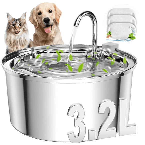 FWMB 3.2L/108oz Cat Water Fountain Premium Stainless Steel with 3 Filters, Automatic Pet Fountain Dispenser for Cats Dogs, with Ultra-Quiet Pump
