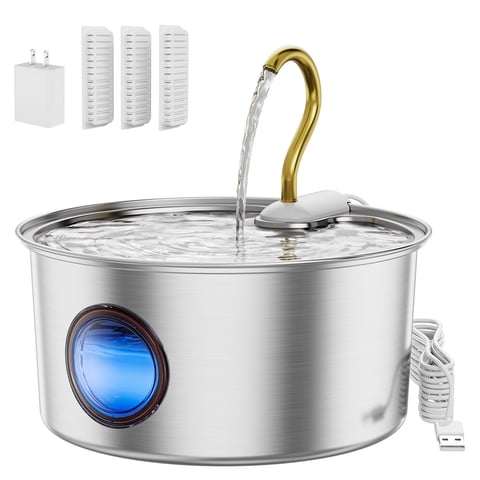 FWMB Cat Water Fountain Stainless Steel, 108oz/3.2L Pet Water Dispenser Featuring Water LED Window and Ultra-Quiet Pump for Cats, Dogs and Multiple Pets