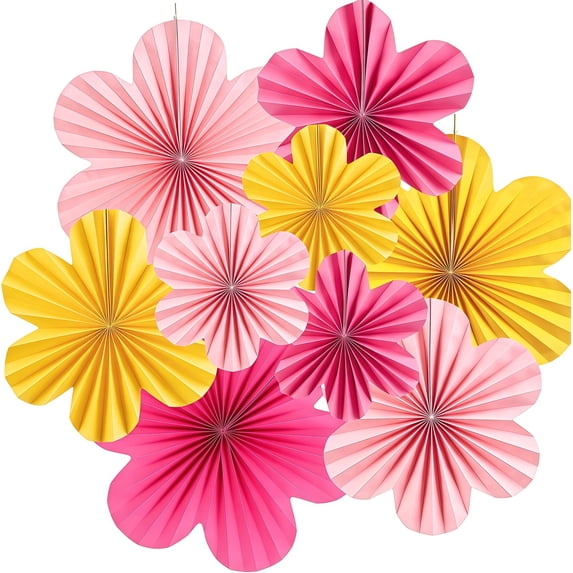 FWSA WRAPS Paper Flower Birthday Decoration, Paper Fans Party Decoration, Flower Wall Decor Set Of 9 (Pink, Yellow, Rose Pink)