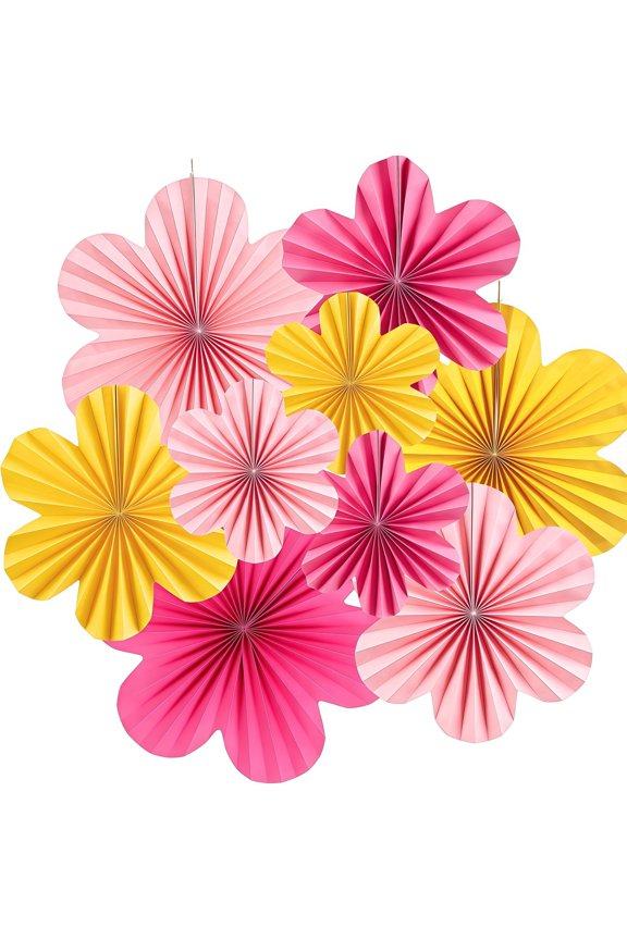 Paper Flower Birthday Decoration, Paper Fans Party Decoration, Flower Wall Decor Set Of 9 (Pink, Yellow, Rose Pink)