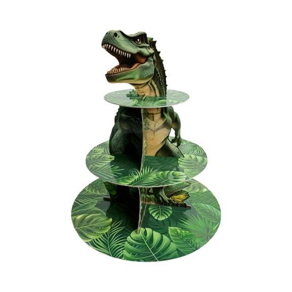 FWYOUNG 3-Tier Dinosaur CuPCSake Stand Jungle Theme Birthday Party Decor Sturdy Cardboard Dessert Tower for Kids Dinosaur Cake & Treat Display