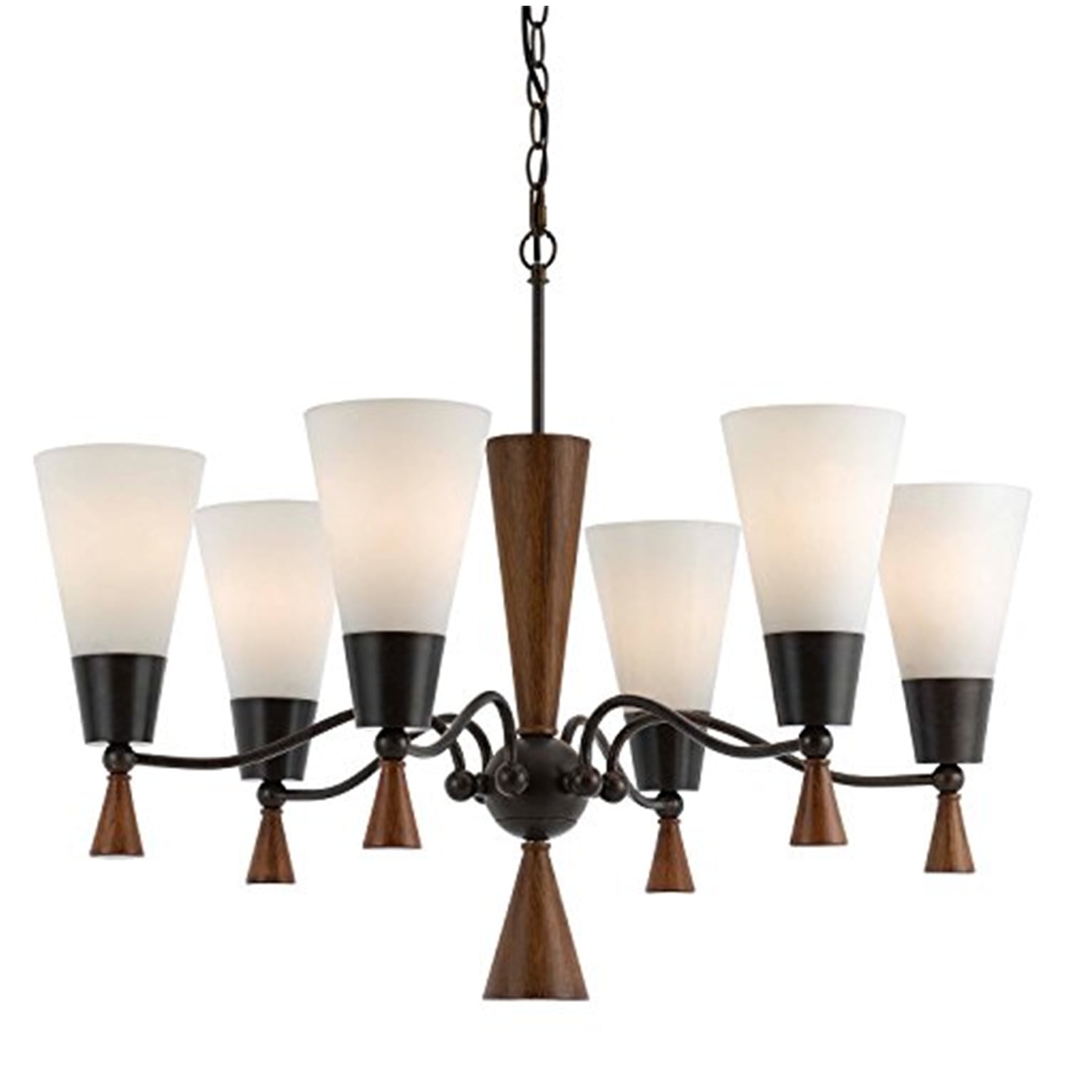 Mahogany and Glass Six-Light Chandelier