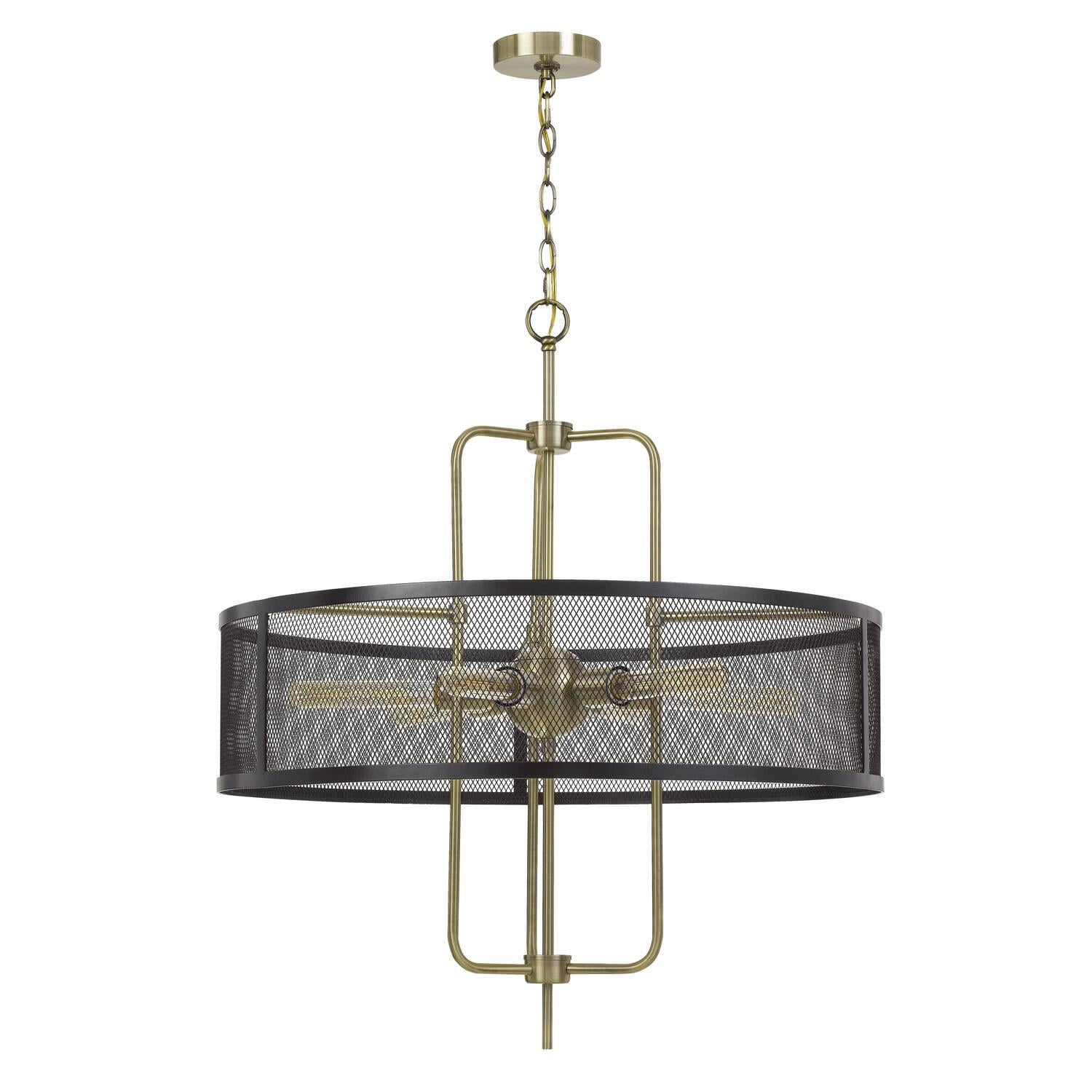 Antique Brass and Black Mesh Drum Chandelier, 28" Wide