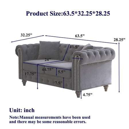 FX 63.5" modern design chesterfield sofa, velvet sofa button design living room sectional sofa, button tufted with nail design arms with 2 pillows, upholstered fabric and wood legs W1926S00062