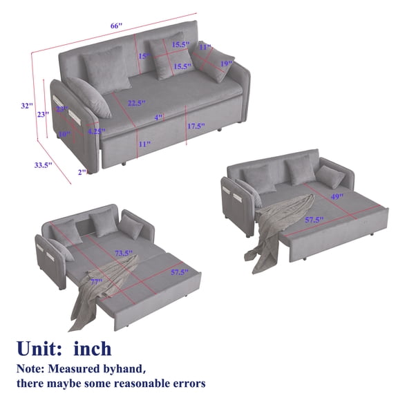 FX'' 66" Beige Corduroy Sleeper Sofa Bed - 3-in-1 Convertible Couch with Pullout Bed, High-Density Foam, Side Pockets - Perfect for Apartment, Living Room, Office